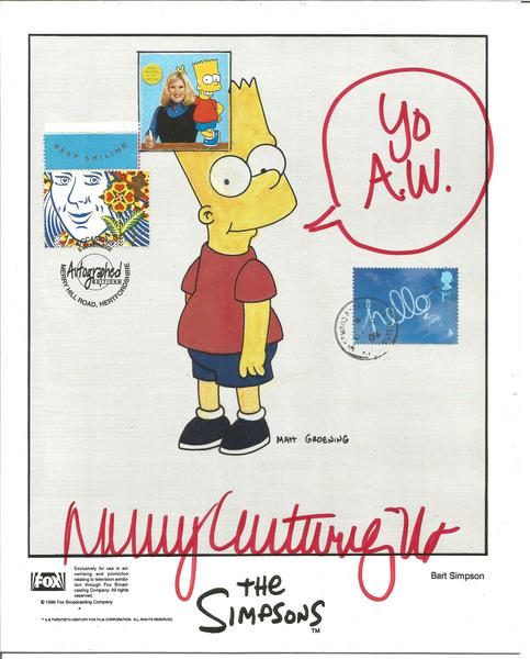 Nancy Cartwright Hand Coloured signed Bart Simpson 10 x 8 card. 