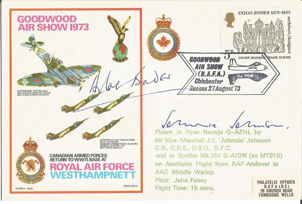 Grp Capt Sir Douglas Bader DSO DFC, AVM Johnnie Johnson DSO DFC signed 1973 Goodwood Airshow FDC.