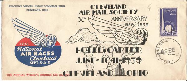 1938 Cleveland National Air Race cover posted on 10th Ann of the Cleveland Air Mail Society 10/6/1939