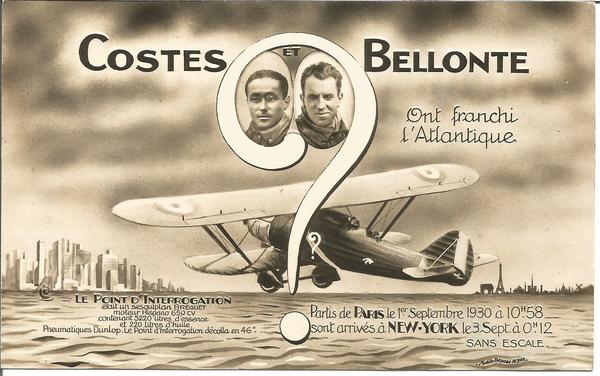 1930 Coste Bellonte vintage postcard New York Paris Flight 